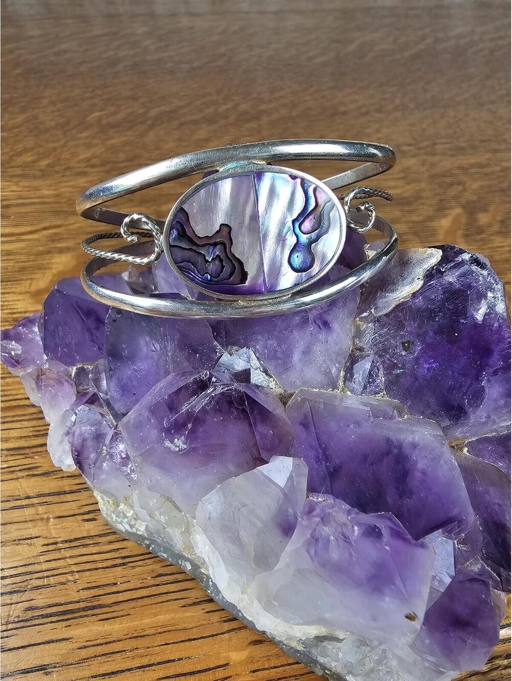 Vintage Mexico Alpaca Silver Abalone Shell Cuff Bracelet Artisan Jewelry